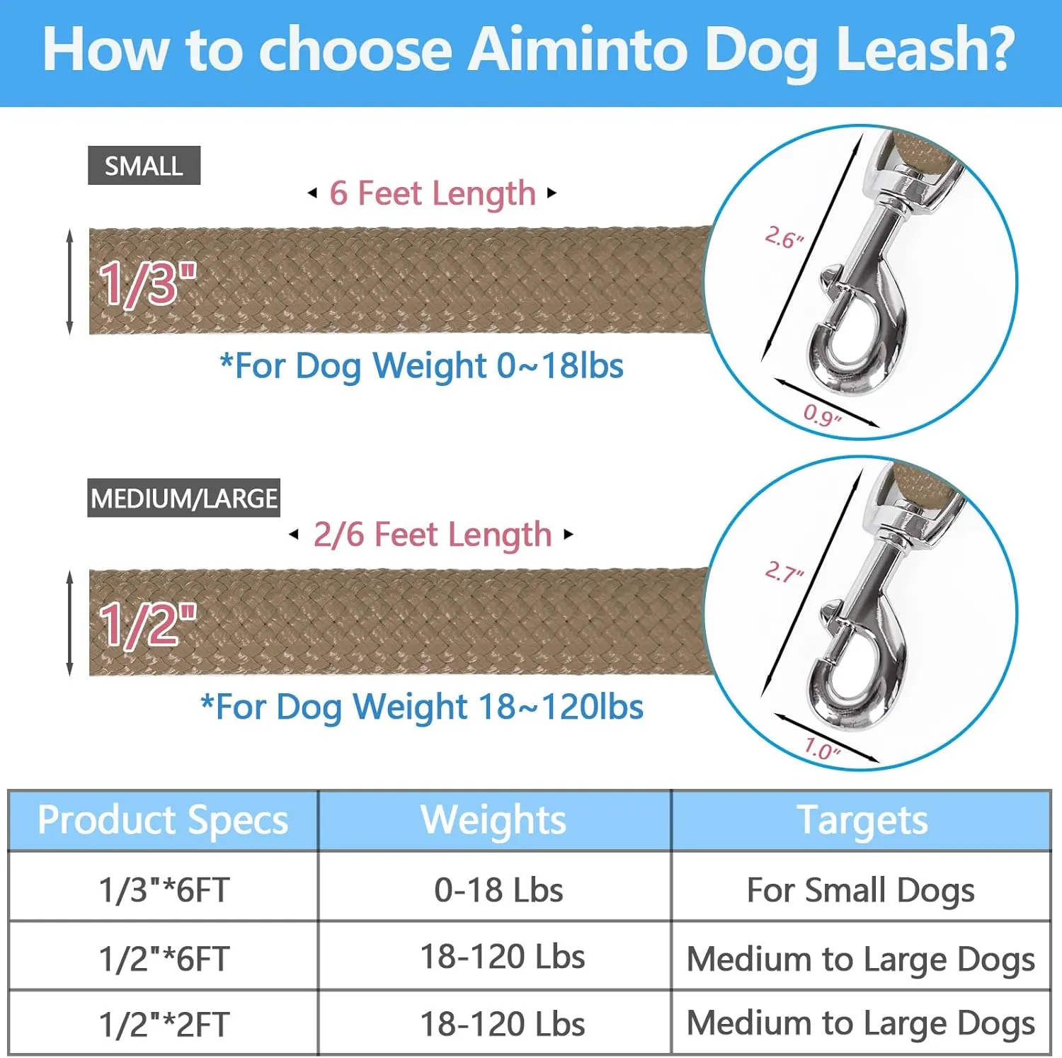 Dog Leash, Braided Rope Traction  Walking Training Lead for Medium/Large Dogs ((1/2") x 6FT, Khaki)