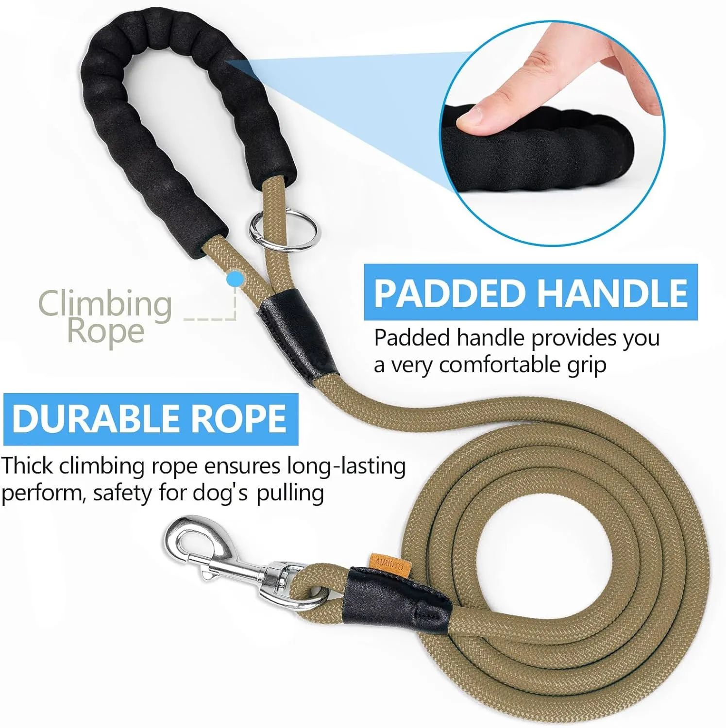 Dog Leash, Braided Rope Traction  Walking Training Lead for Medium/Large Dogs ((1/2") x 6FT, Khaki)
