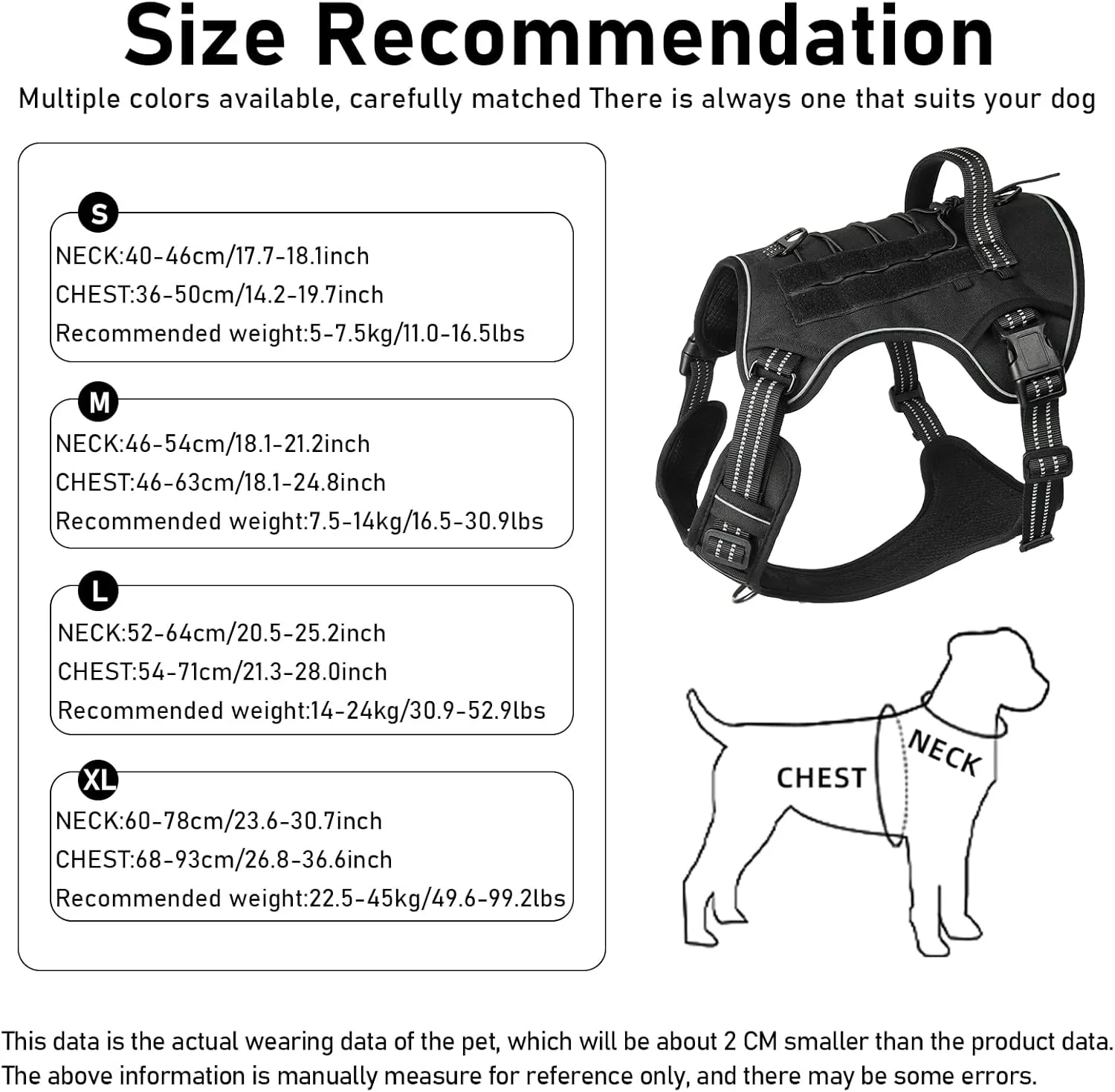 Dog Vest Harness-No Pull Adjustable Reflective,Escape-Proof Padded Design for Large/Medium Dogs,Service Dog & Outdoor, Hiking/Car Travel(Black S)