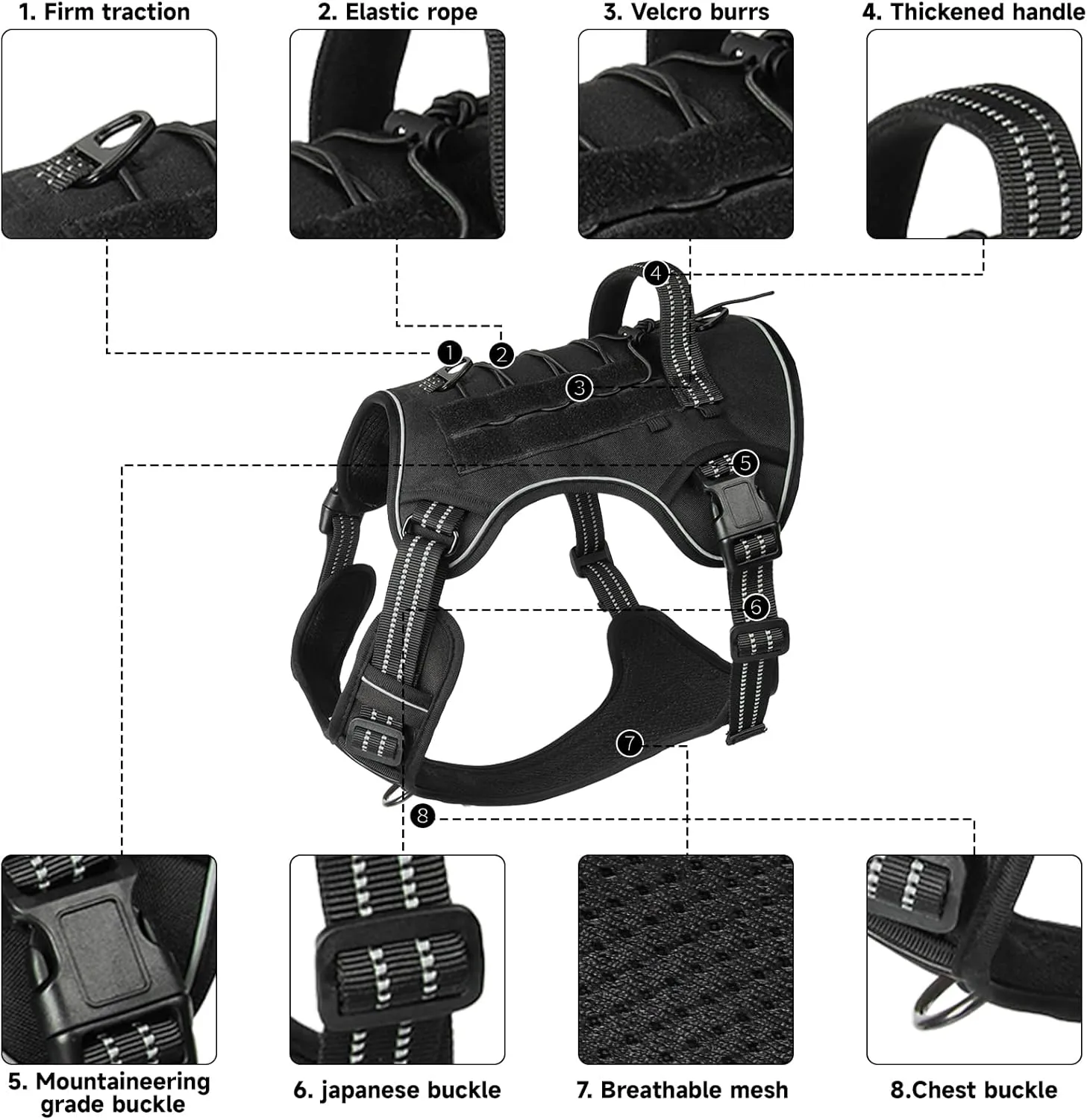 Dog Vest Harness-No Pull Adjustable Reflective,Escape-Proof Padded Design for Large/Medium Dogs,Service Dog & Outdoor, Hiking/Car Travel(Black S)