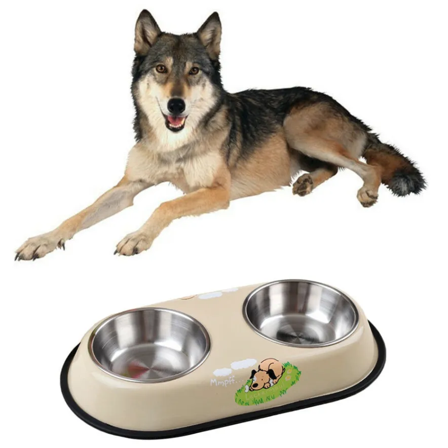 Double Pet Bowl Dog Cat Twin Dish Stainless Steel Water Food Feeder