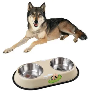 Double Pet Bowl Dog Cat Twin Dish Stainless Steel Water Food Feeder