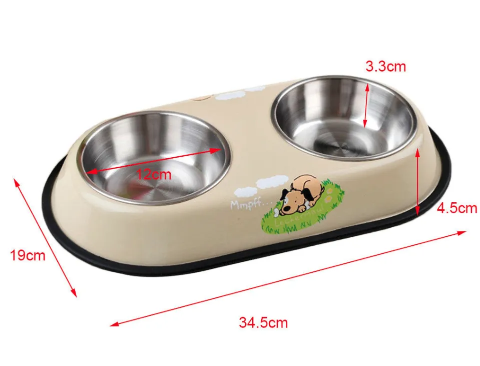 Double Pet Bowl Dog Cat Twin Dish Stainless Steel Water Food Feeder