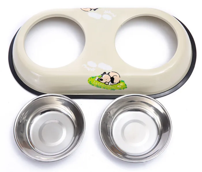 Double Pet Bowl Dog Cat Twin Dish Stainless Steel Water Food Feeder