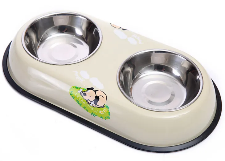 Double Pet Bowl Dog Cat Twin Dish Stainless Steel Water Food Feeder