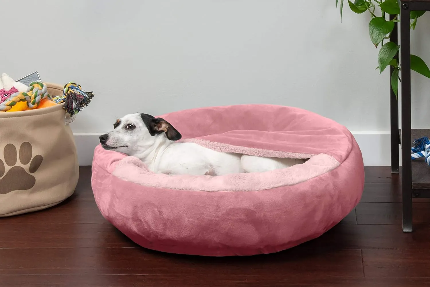 Furhaven 24" Round Calming Donut Dog Bed for Indoor Cats & Small Dogs, Washable, For Dogs Up to 20 lbs - Plush Velvet Waves Hooded Donut Bed - Rose Pink, Small