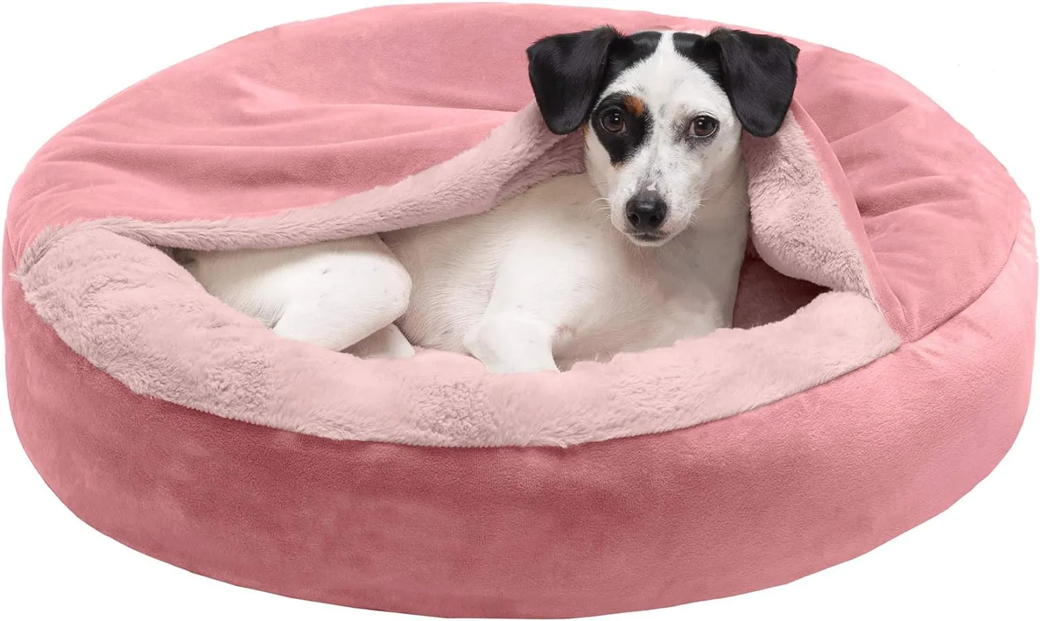 Furhaven 24" Round Calming Donut Dog Bed for Indoor Cats & Small Dogs, Washable, For Dogs Up to 20 lbs - Plush Velvet Waves Hooded Donut Bed - Rose Pink, Small