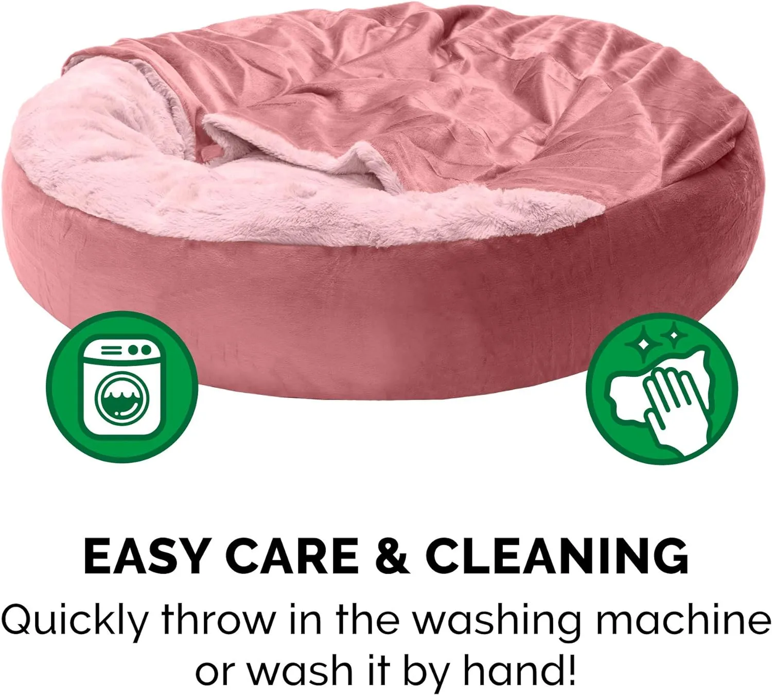Furhaven 24" Round Calming Donut Dog Bed for Indoor Cats & Small Dogs, Washable, For Dogs Up to 20 lbs - Plush Velvet Waves Hooded Donut Bed - Rose Pink, Small