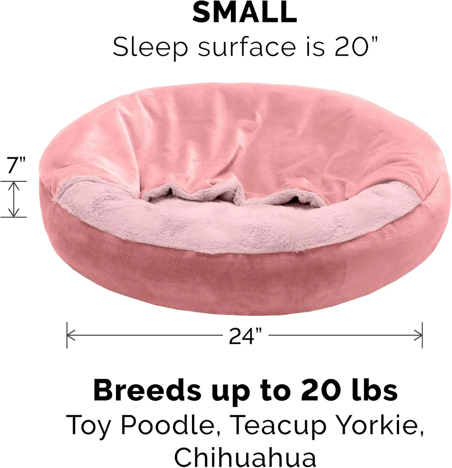 Furhaven 24" Round Calming Donut Dog Bed for Indoor Cats & Small Dogs, Washable, For Dogs Up to 20 lbs - Plush Velvet Waves Hooded Donut Bed - Rose Pink, Small