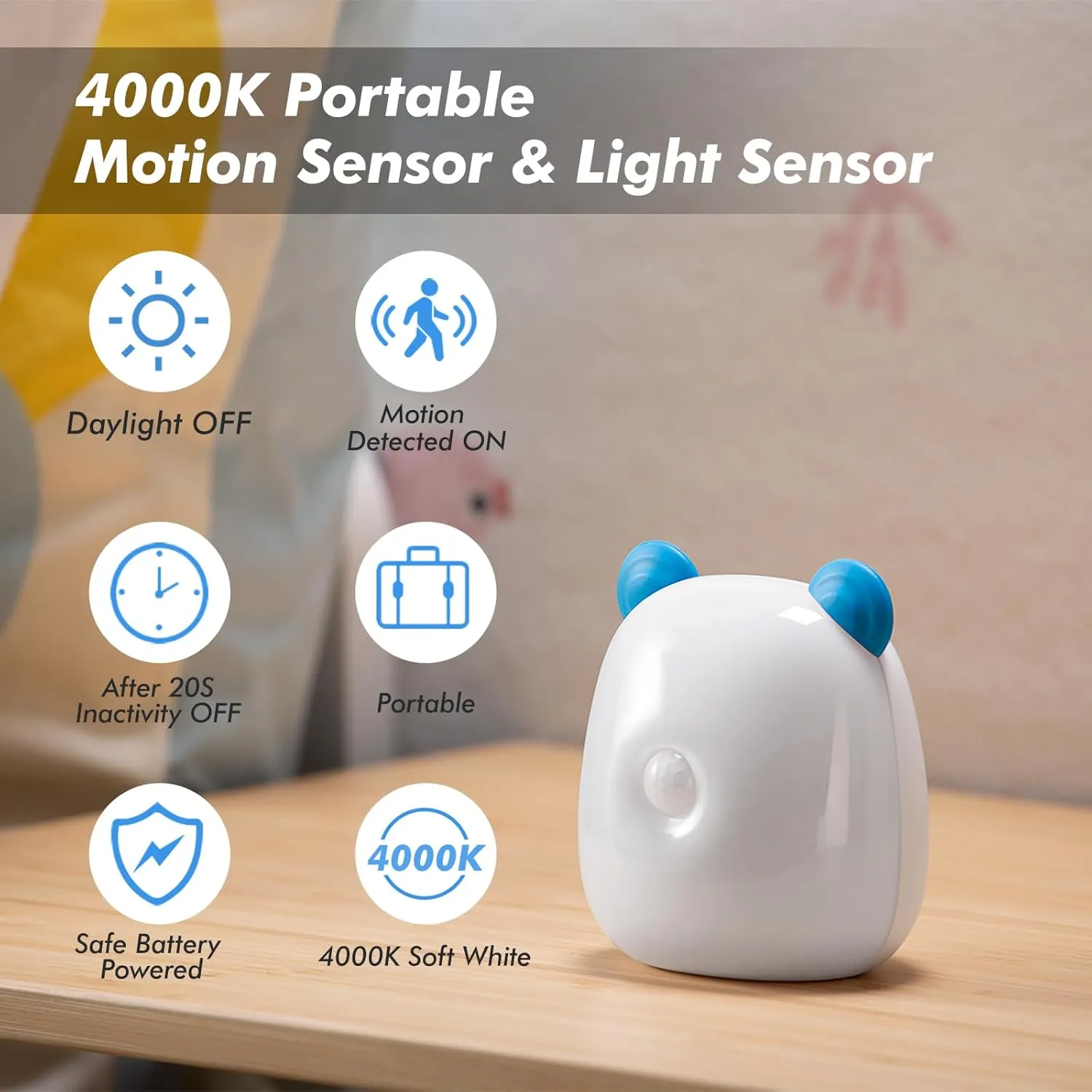 G Keni LED Motion Sensor Night Light for Kids, Baby Nursery and Adult, Rechargeable Battery Powered 4000K Warm White Motion Activated Nightstand Light Lamp for Bedroom/Bathroom/Hallway/Stairs(Blue)