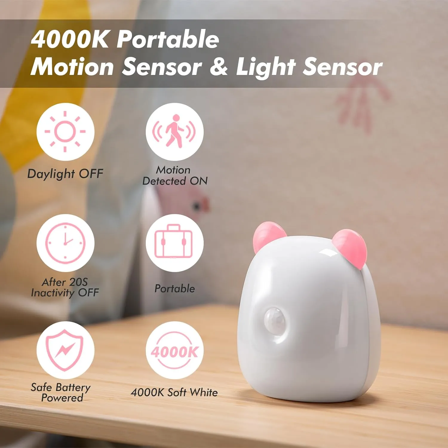 G Keni LED Motion Sensor Night Light for Kids, Baby Nursery and Adult, Rechargeable Battery Powered 4000K Warm White Motion Activated Nightstand Light Lamp for Bedroom/Bathroom/Hallway/Stairs(Red)