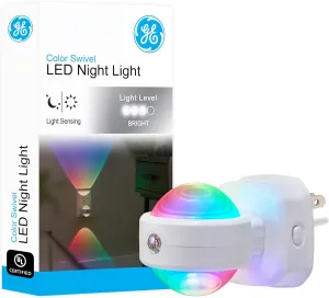 GE Color-Changing Swivel LED Night Light, Plug-in, Dusk to Dawn Sensor, Rotating, Ambient Lighting, Projector, for Kids, for Baby, Bedroom, Bathroom, Nursery, Gaming Room, Hallway 81041