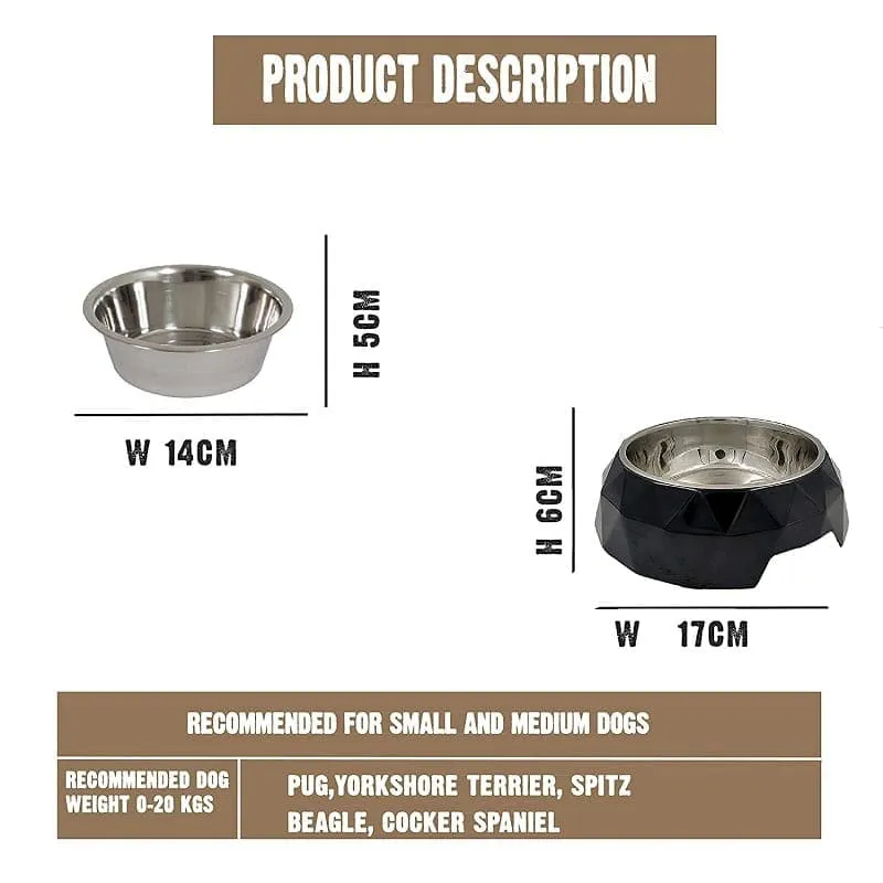 Goofy Tails Stainless Steel and Melamine Dog Bowl with Rubber Anti Skid Base Diamond Design Bowls for Dogs (Black) (Small-450ml)