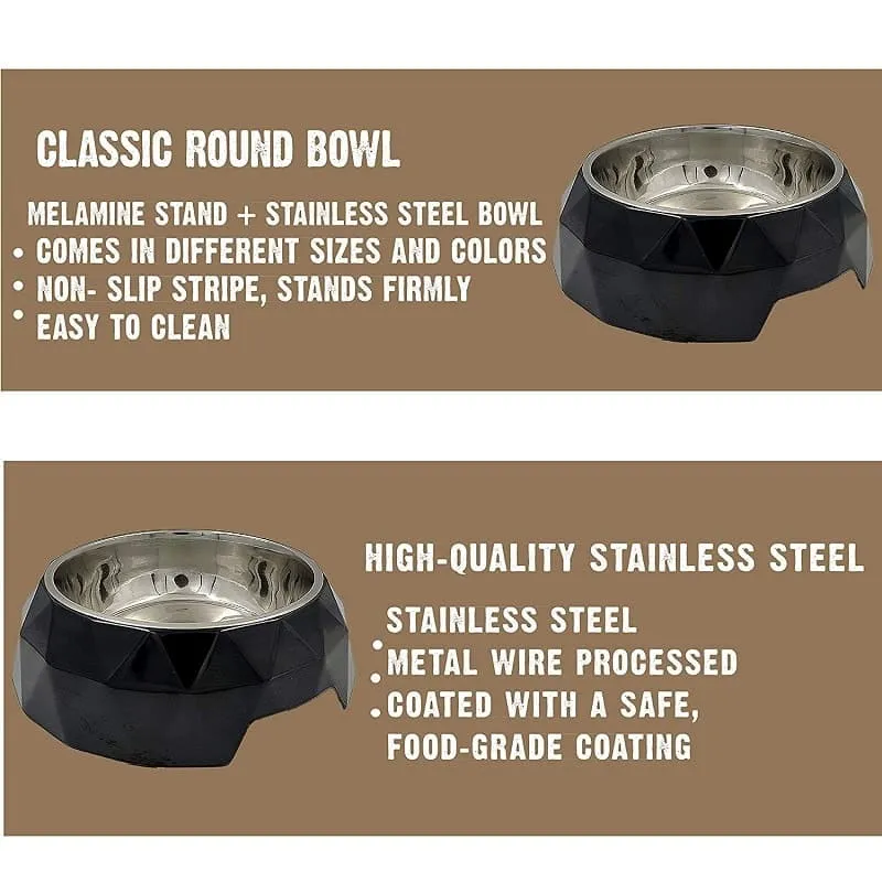 Goofy Tails Stainless Steel and Melamine Dog Bowl with Rubber Anti Skid Base Diamond Design Bowls for Dogs (Black) (Small-450ml)