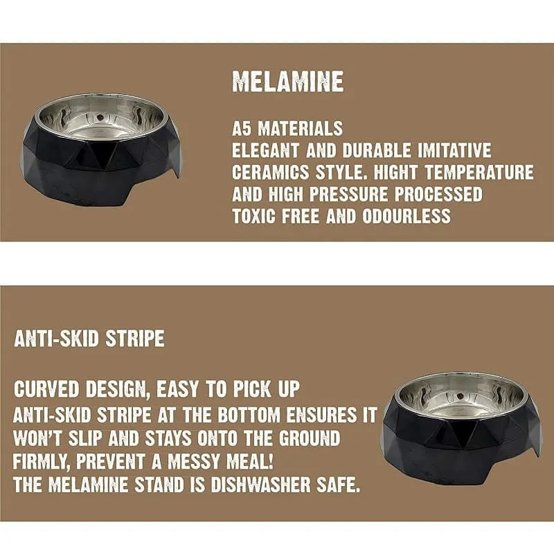 Goofy Tails Stainless Steel and Melamine Dog Bowl with Rubber Anti Skid Base Diamond Design Bowls for Dogs (Black) (Small-450ml)