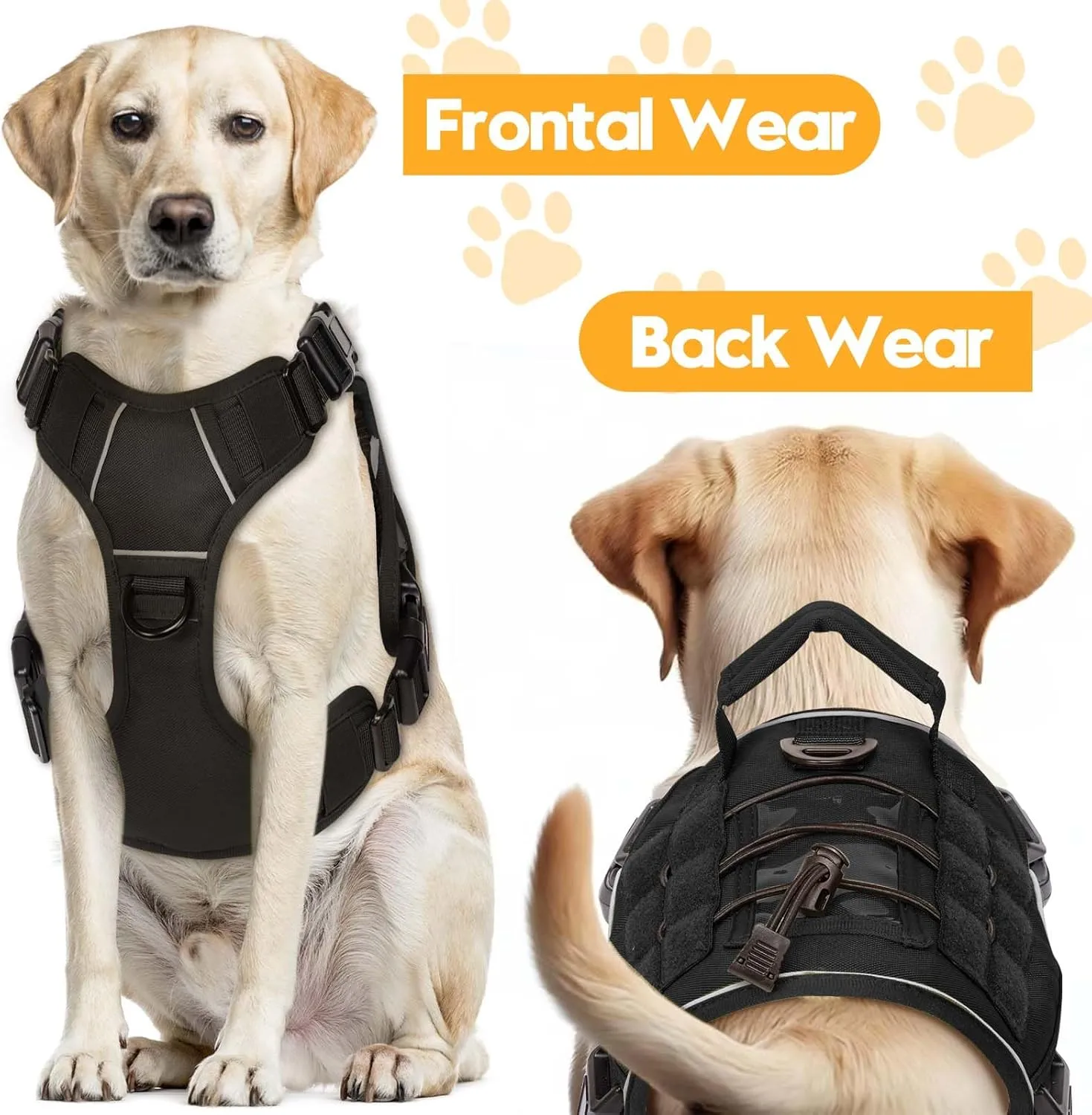 Heavy-Duty Tactical Dog Harness for Large Dogs, No Pull Adjustable Reflective Pet Vest with Molle System, K9 Military-Grade Control for Service Training, Outdoor & 10  Breeds, Black, Medium