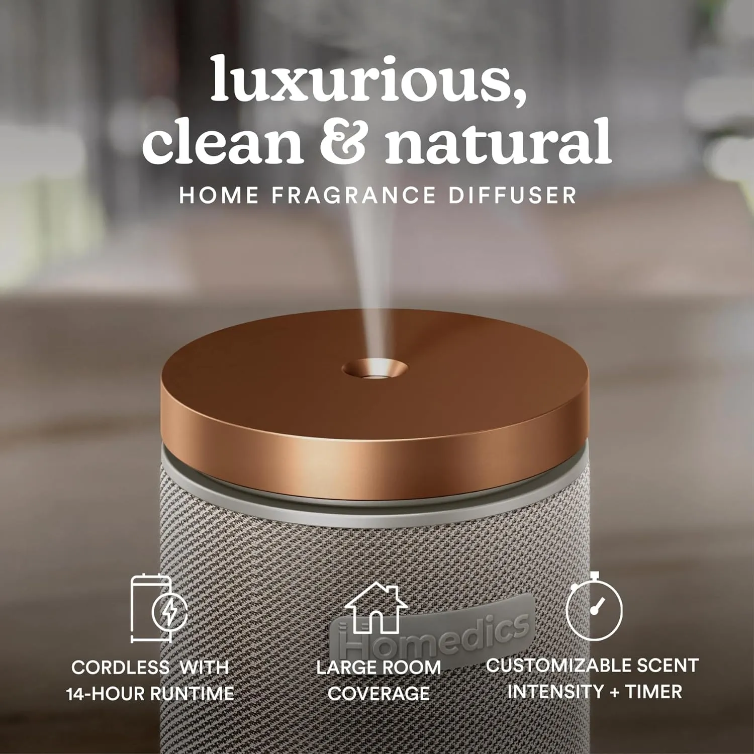 Homedics SereneScent Fabric Rechargeable Waterless Diffuser, Use with Homedics SereneScent Oil 120ml (Sold Separately) Cordless Aromatherapy, Adjustable Mist & Timer, 6 Calming Lights, Grey