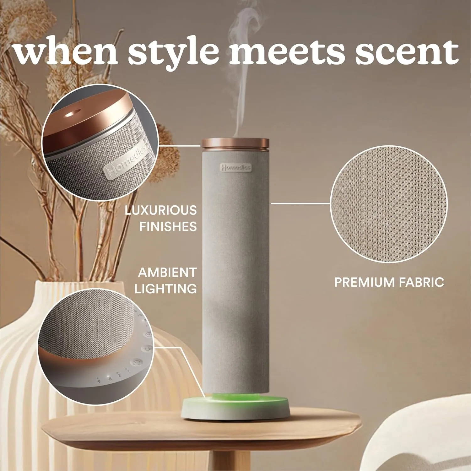 Homedics SereneScent Fabric Rechargeable Waterless Diffuser, Use with Homedics SereneScent Oil 120ml (Sold Separately) Cordless Aromatherapy, Adjustable Mist & Timer, 6 Calming Lights, Grey