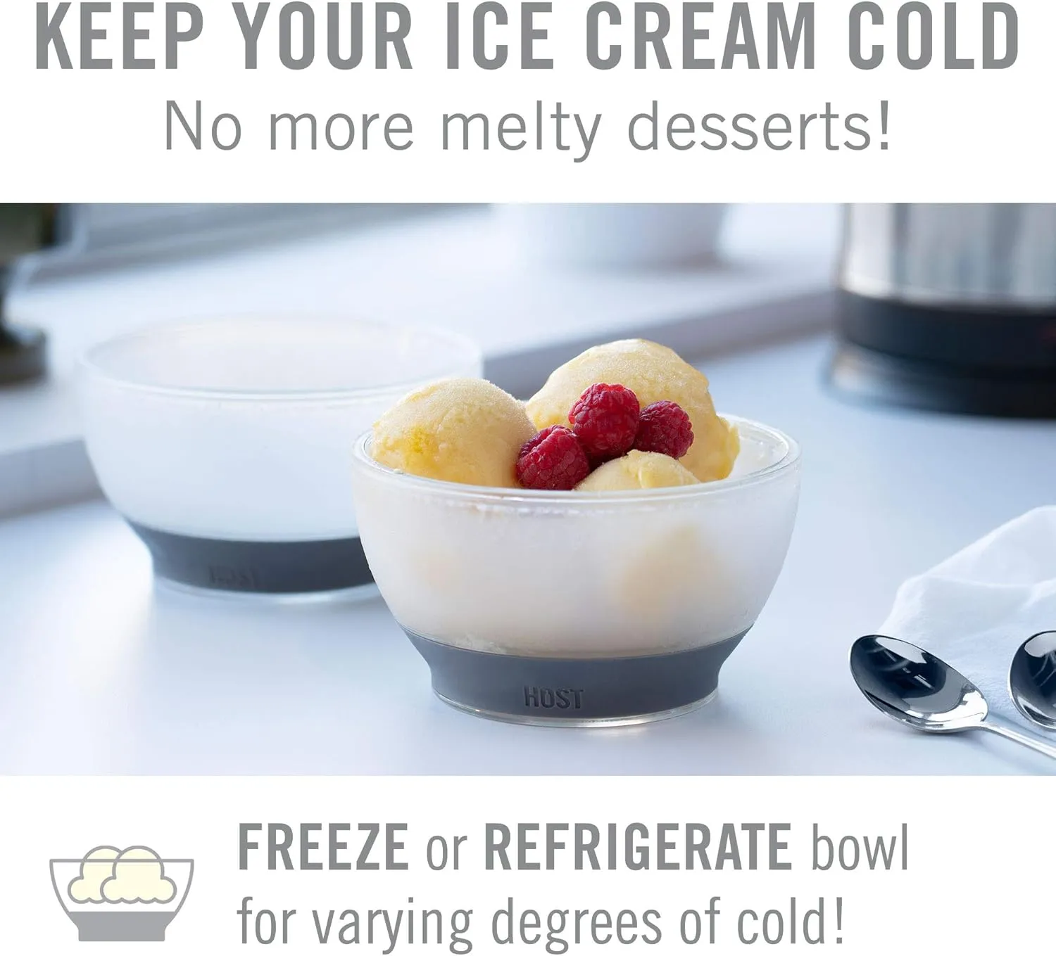 Host Ice Cream Freeze Bowl, Double Walled Insulated Freezer Gel Chiller Kitchen Accessory for Dessert, Dip, Cereal, with Comfort Silicone Grip, Plastic, Grey, 0.47 liters