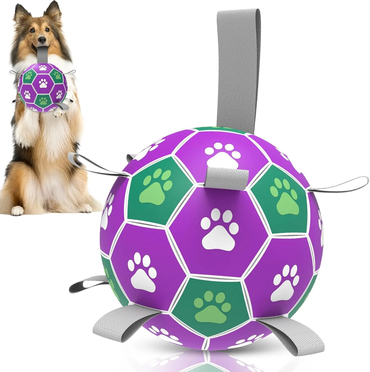 Interactive Soccer Ball With Nylon Strap - Dog Outdoor Water Toy, Durable Fetch Ball for Medium Large Breed Puppies (7 Inch)