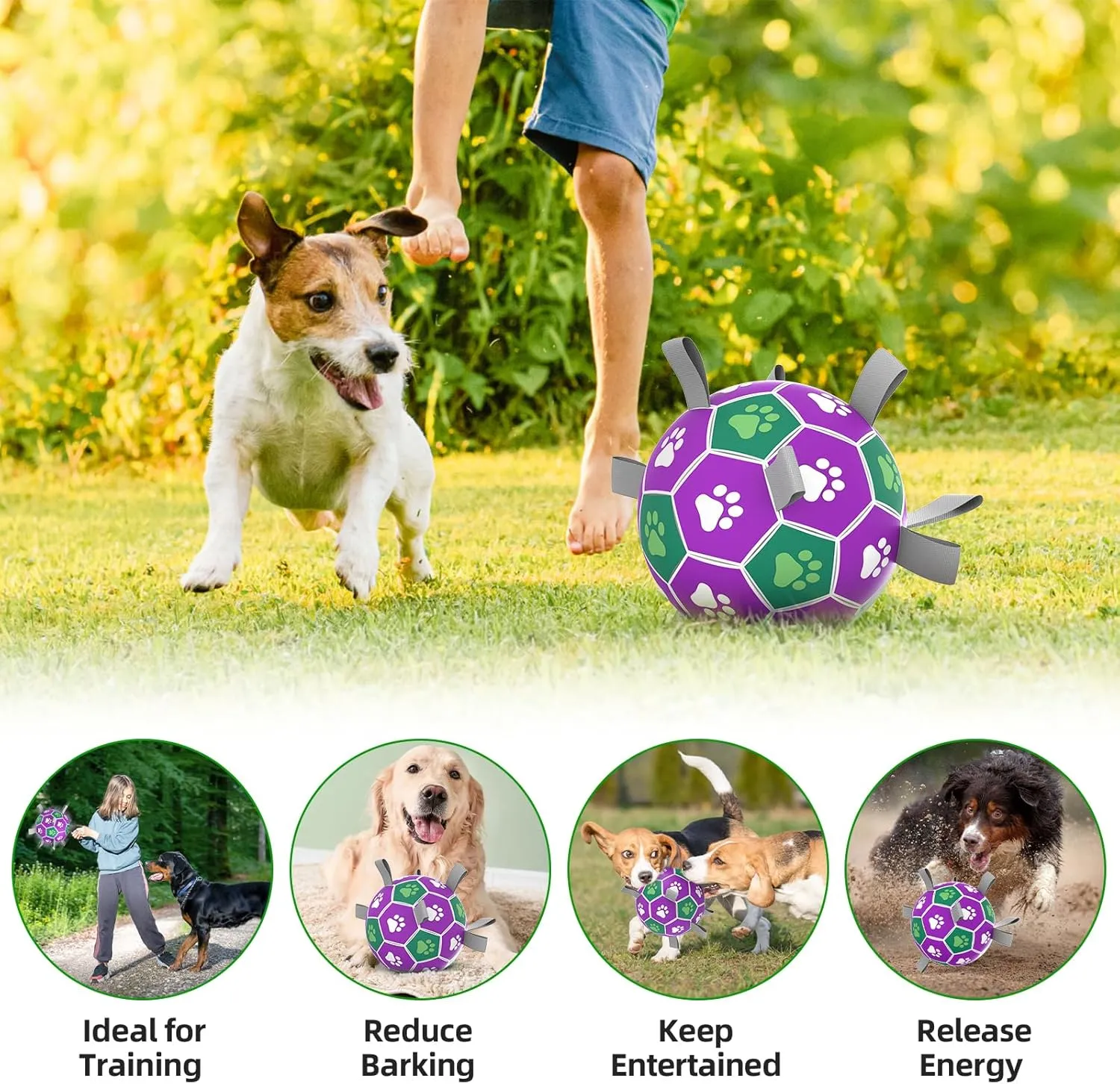 Interactive Soccer Ball With Nylon Strap - Dog Outdoor Water Toy, Durable Fetch Ball for Medium Large Breed Puppies (7 Inch)