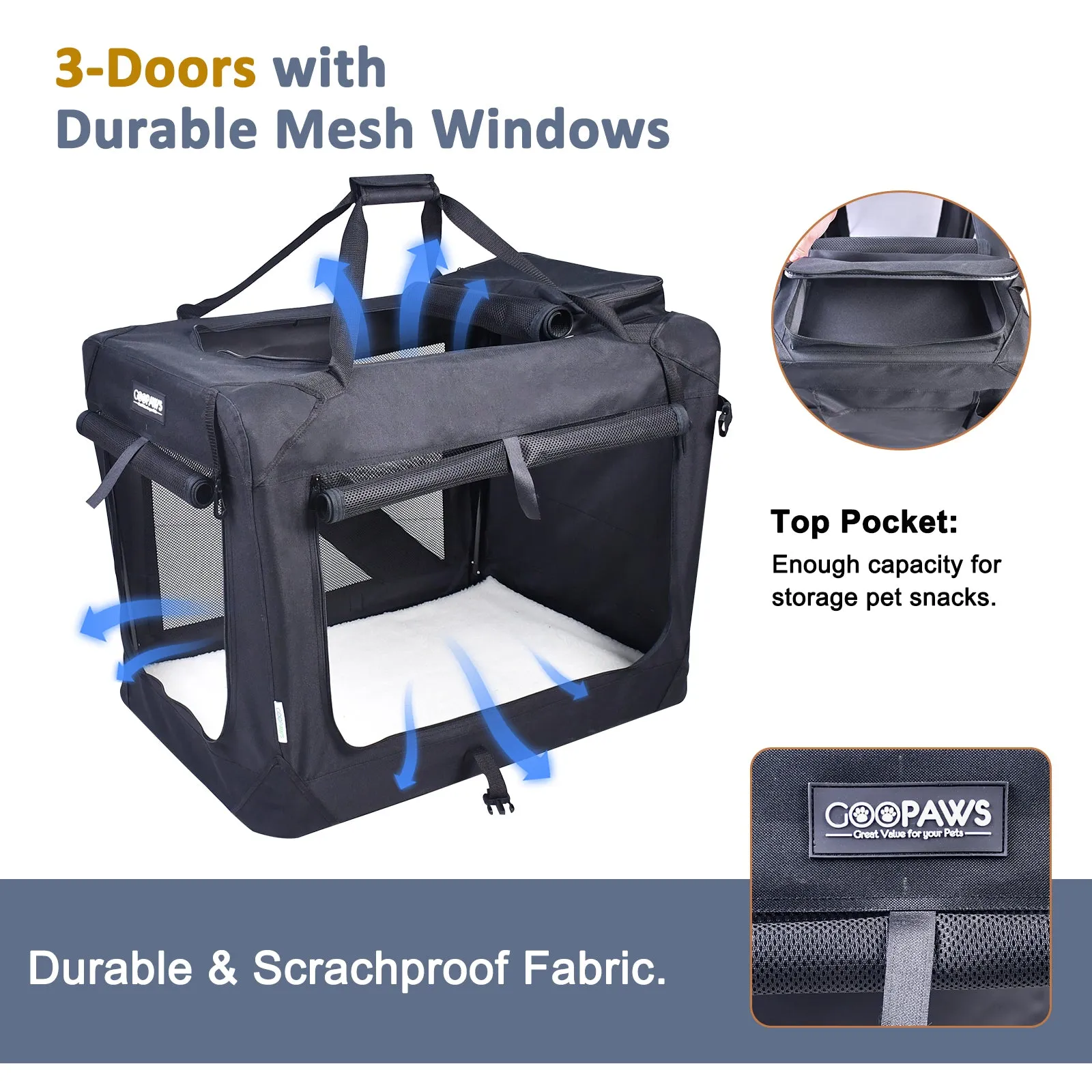 Jespet Indoor & Outdoor 3-Door Collapsible Soft-Sided Dog, Cat & Small Pet Crate, Black, 30''