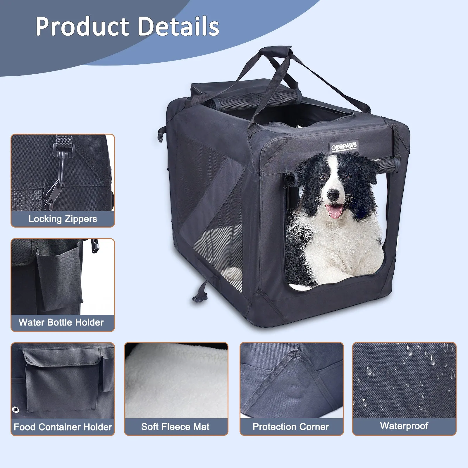 Jespet Indoor & Outdoor 3-Door Collapsible Soft-Sided Dog, Cat & Small Pet Crate, Black, 30''