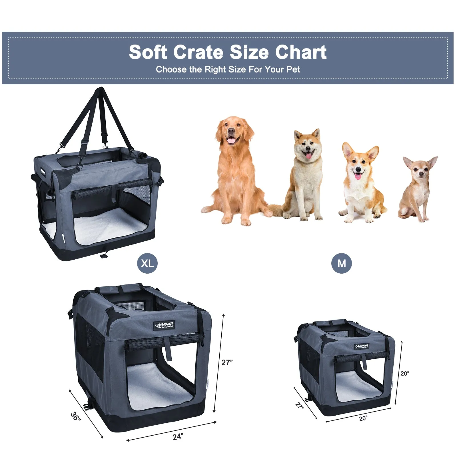 Jespet Indoor & Outdoor 3-Door Collapsible Soft-Sided Dog, Cat & Small Pet Crate, Gray, 36''