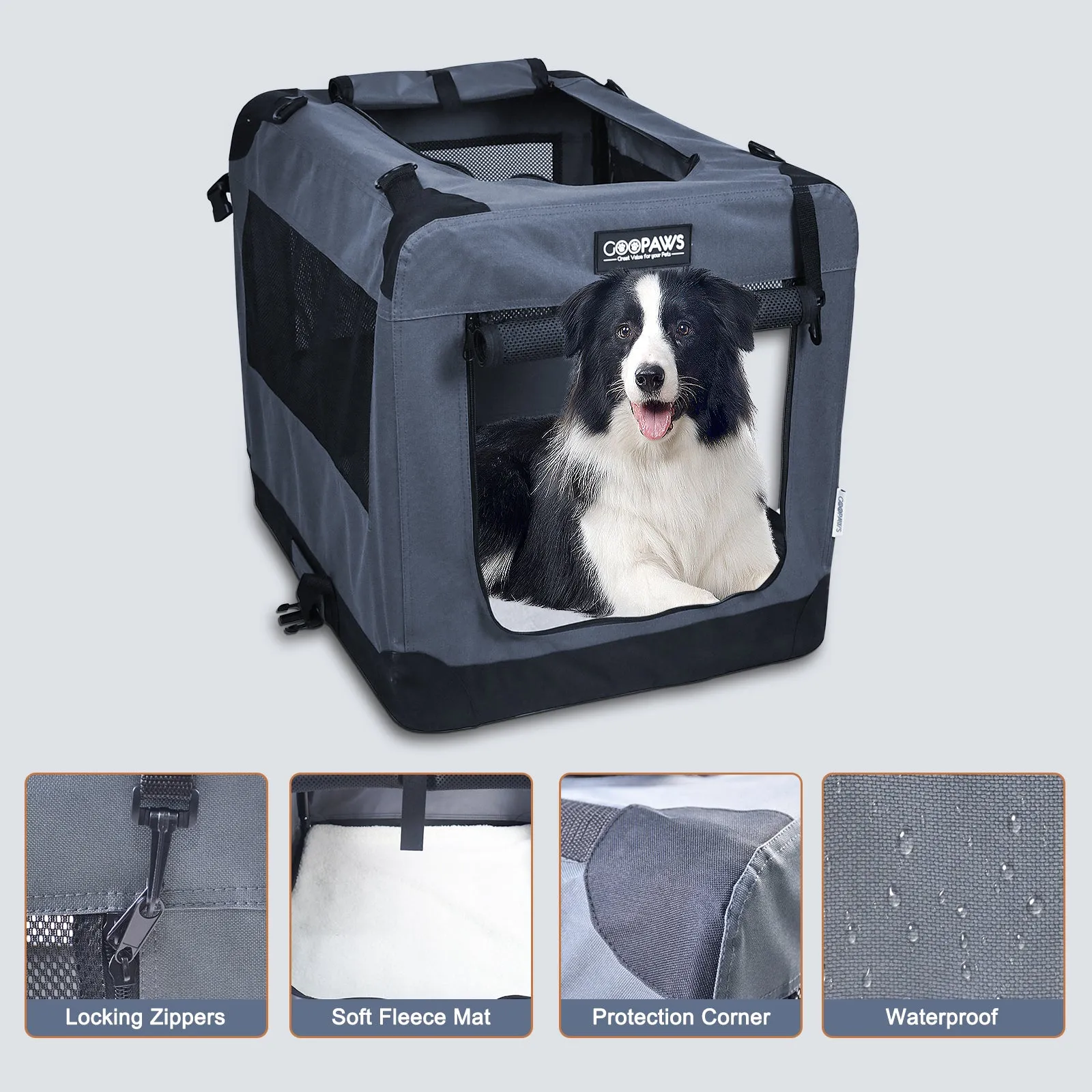 Jespet Indoor & Outdoor 3-Door Collapsible Soft-Sided Dog, Cat & Small Pet Crate, Gray, 36''