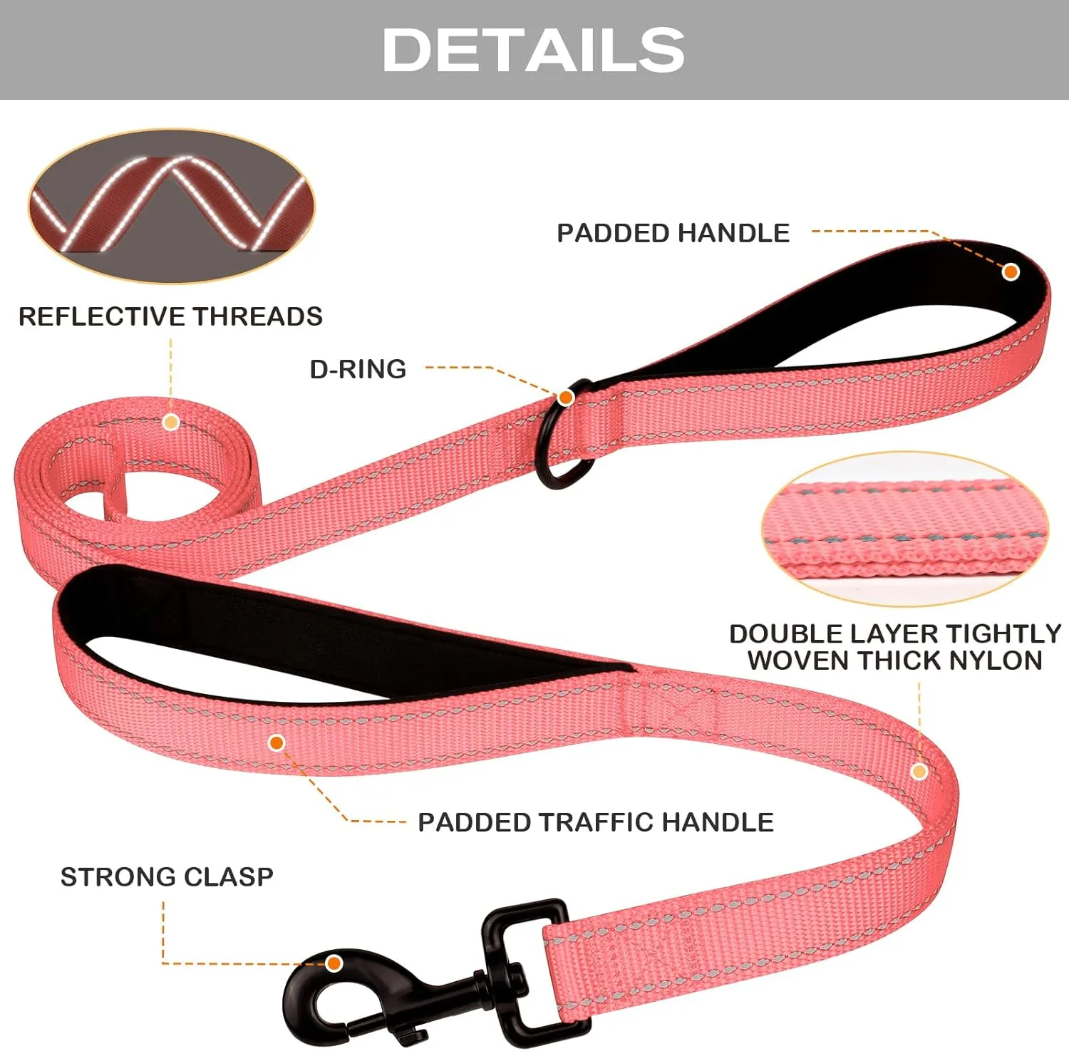 Joytale Dog Leash Heavy Duty for Large Dogs That Pull, Double Handle for Traffic Control, Double-Sided Reflective Leashes for Large Medium Dogs Night Safety, 6FT, Neon Pink