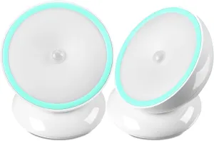 Kathfly 2 Pieces Motion Sensor Night Lights LED Cordless Puck Small Wall Lights with Rotating Base for Cruise Cabin Hallway Bedroom Kitchen Closet Stairway, White(Battery Operated)