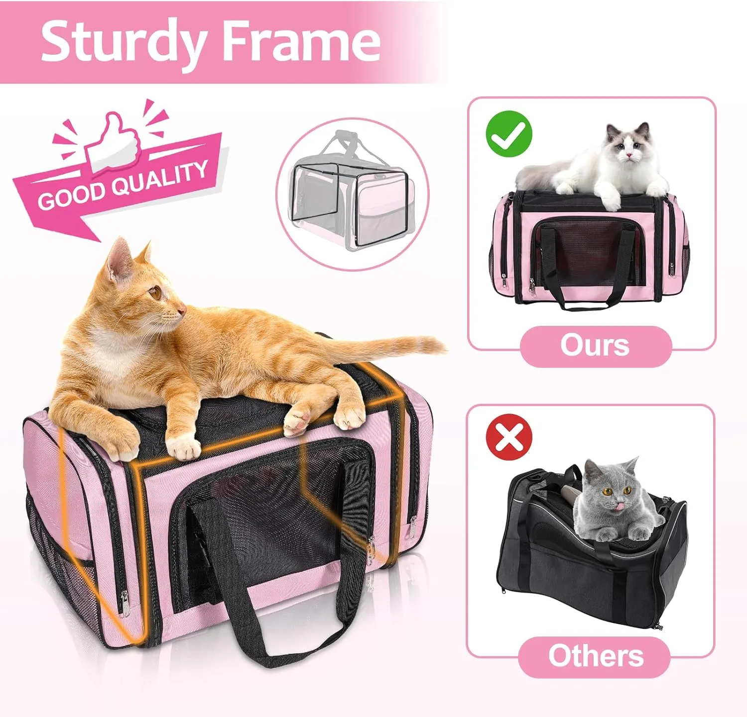 Large Cat Carrier, Pet Carrier, Dog Carrier for Small Dogs, Cat Carrier Soft, Collapsible Large Pet Carrier for Traveling Indoor and Outdoor Uses - Pink 20"x13"x13"