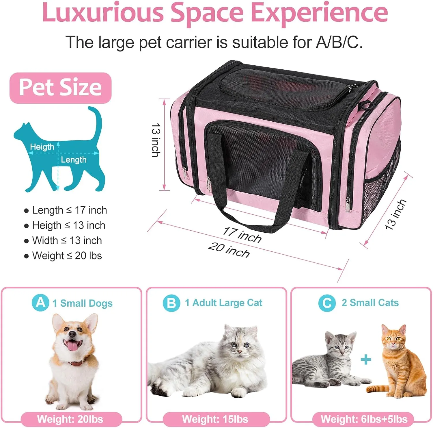 Large Cat Carrier, Pet Carrier, Dog Carrier for Small Dogs, Cat Carrier Soft, Collapsible Large Pet Carrier for Traveling Indoor and Outdoor Uses - Pink 20"x13"x13"
