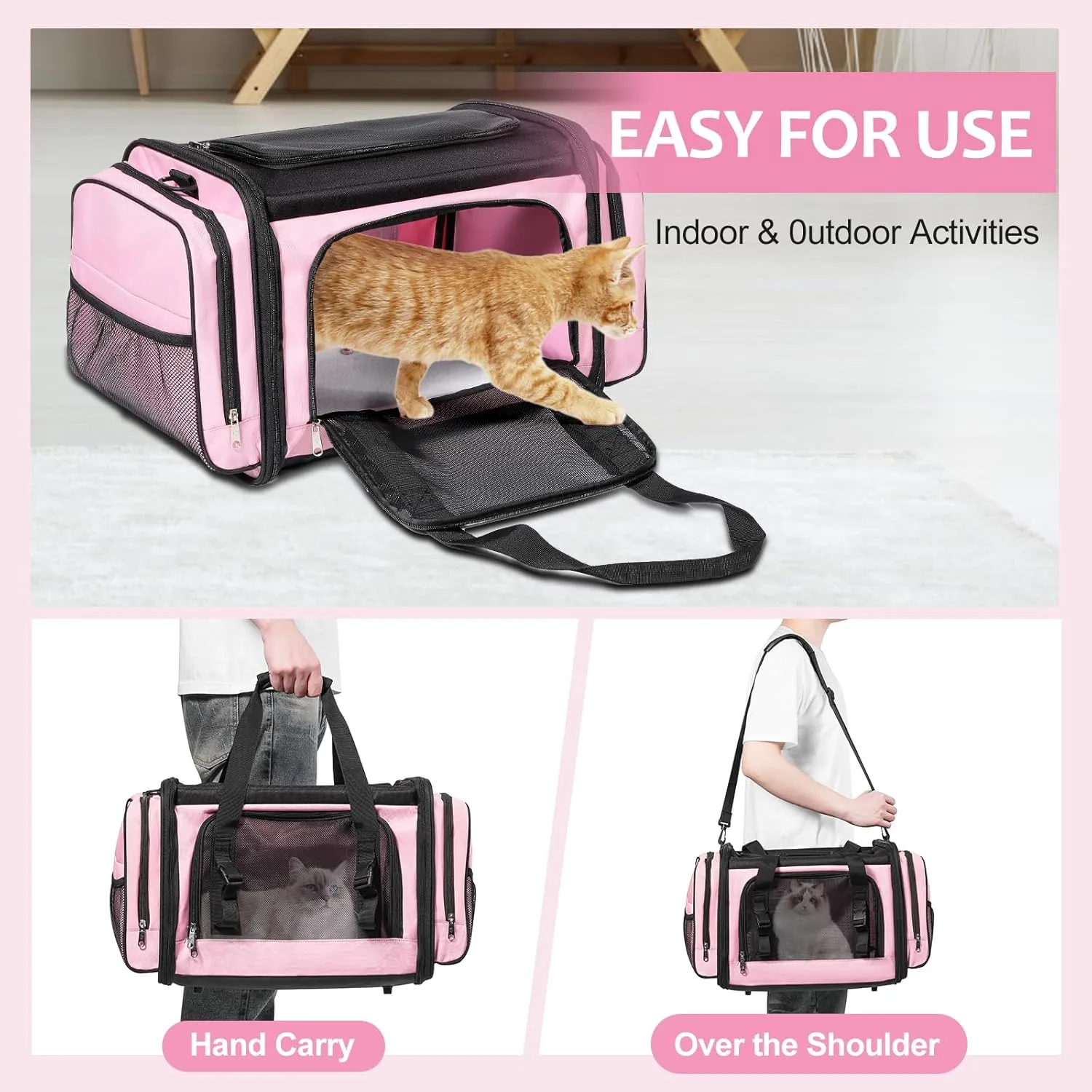 Large Cat Carrier, Pet Carrier, Dog Carrier for Small Dogs, Cat Carrier Soft, Collapsible Large Pet Carrier for Traveling Indoor and Outdoor Uses - Pink 20"x13"x13"