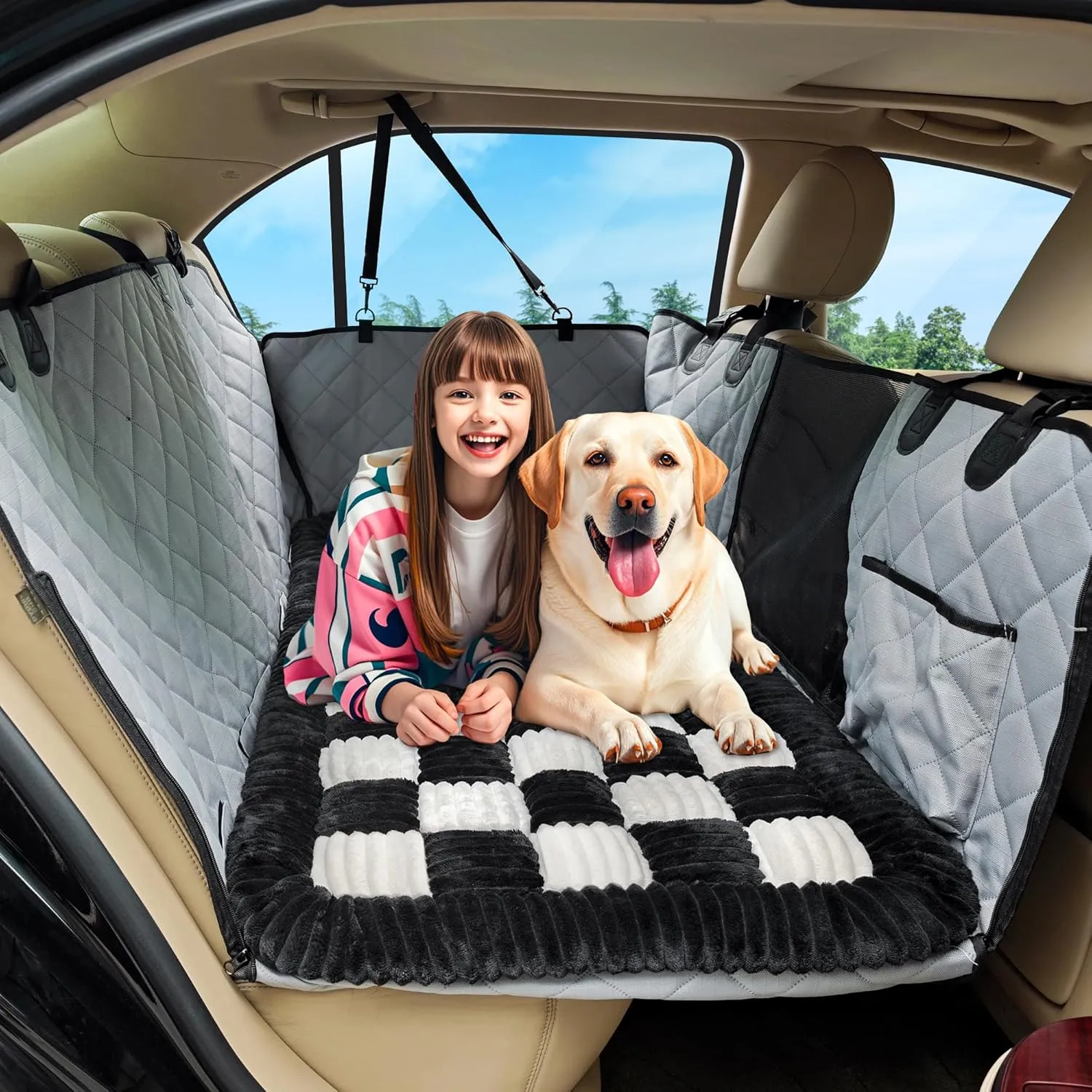 Loiion Dog Car Bed Mat, Non-Slip Backseat Extender Pet Blanket, Plaid Dog Bed for SUVs, Sedans & Trucks, Chew-Resistant Travel Pad for Dogs, Easy Clean & Scratch-Proof & Comfort (56"x28.7")