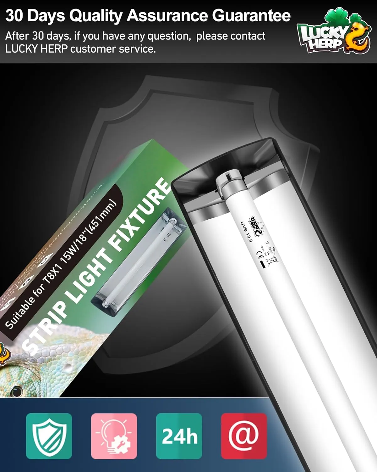 LUCKY HERP T8 Reptile Light Fixture Combo Kit 15W (New Upgrade), UVB Reptile Light Fixture with Desert UVB 10.0 18" Fluorescent Tube, UVA UVB Reptile Light for Lizard, Bearded Dragon, Tortoise
