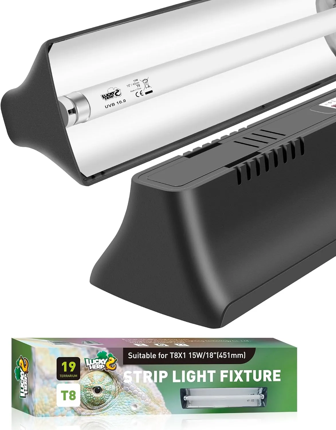 LUCKY HERP T8 Reptile Light Fixture Combo Kit 15W (New Upgrade), UVB Reptile Light Fixture with Desert UVB 10.0 18" Fluorescent Tube, UVA UVB Reptile Light for Lizard, Bearded Dragon, Tortoise