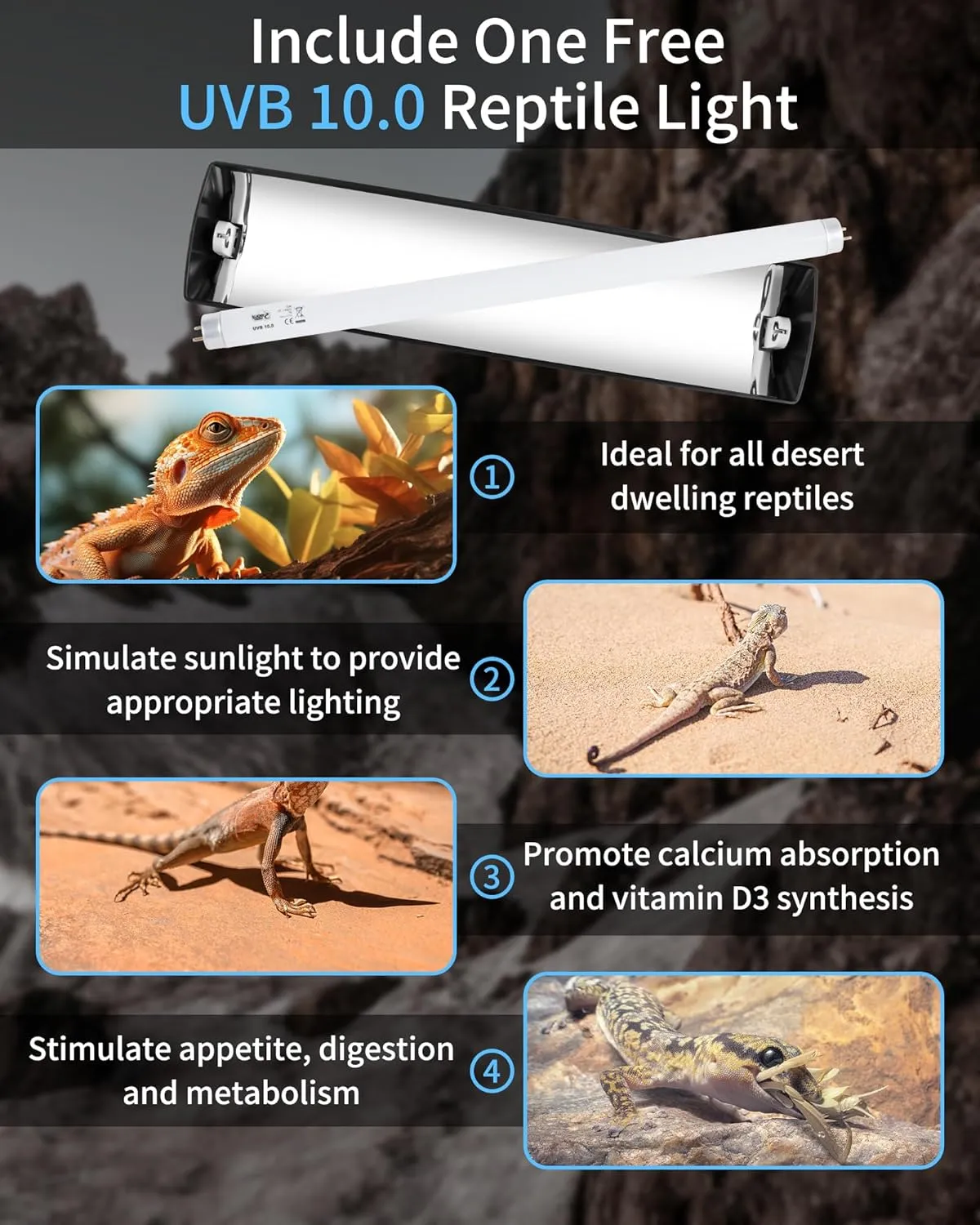 LUCKY HERP T8 Reptile Light Fixture Combo Kit 15W (New Upgrade), UVB Reptile Light Fixture with Desert UVB 10.0 18" Fluorescent Tube, UVA UVB Reptile Light for Lizard, Bearded Dragon, Tortoise
