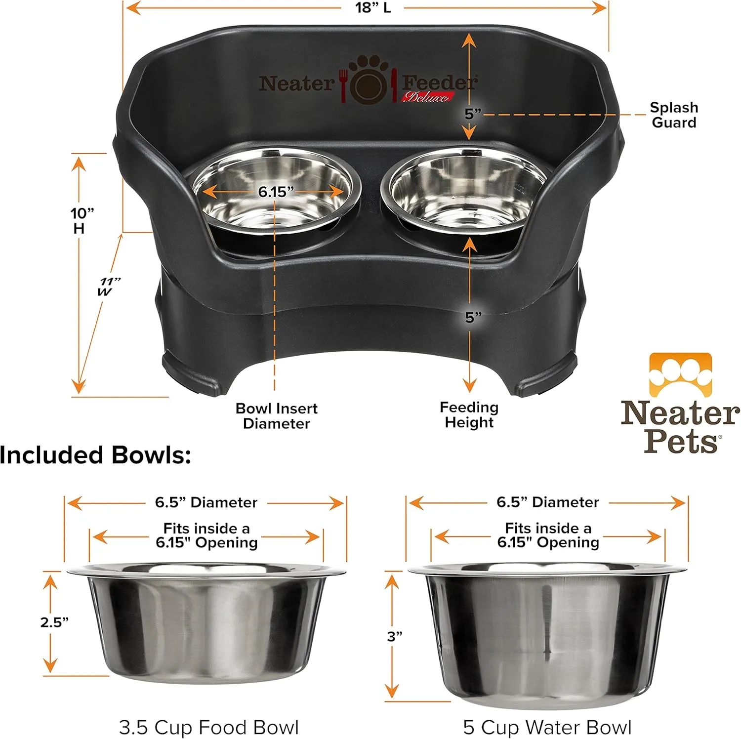 Neater Feeder Deluxe Mess Proof Dog Bowls Elevated Medium Sized Dog Breed  Made in USA  No Spill Raised Dog Food Bowl Stand  Stainless Steel Food and Water Bowl Set, Pet Feeding Station, Black