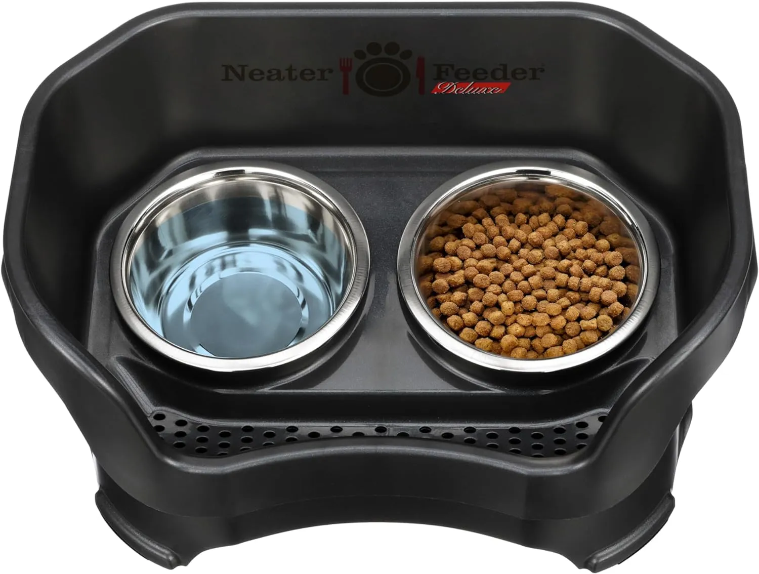 Neater Feeder Deluxe Mess Proof Dog Bowls Elevated Medium Sized Dog Breed  Made in USA  No Spill Raised Dog Food Bowl Stand  Stainless Steel Food and Water Bowl Set, Pet Feeding Station, Black