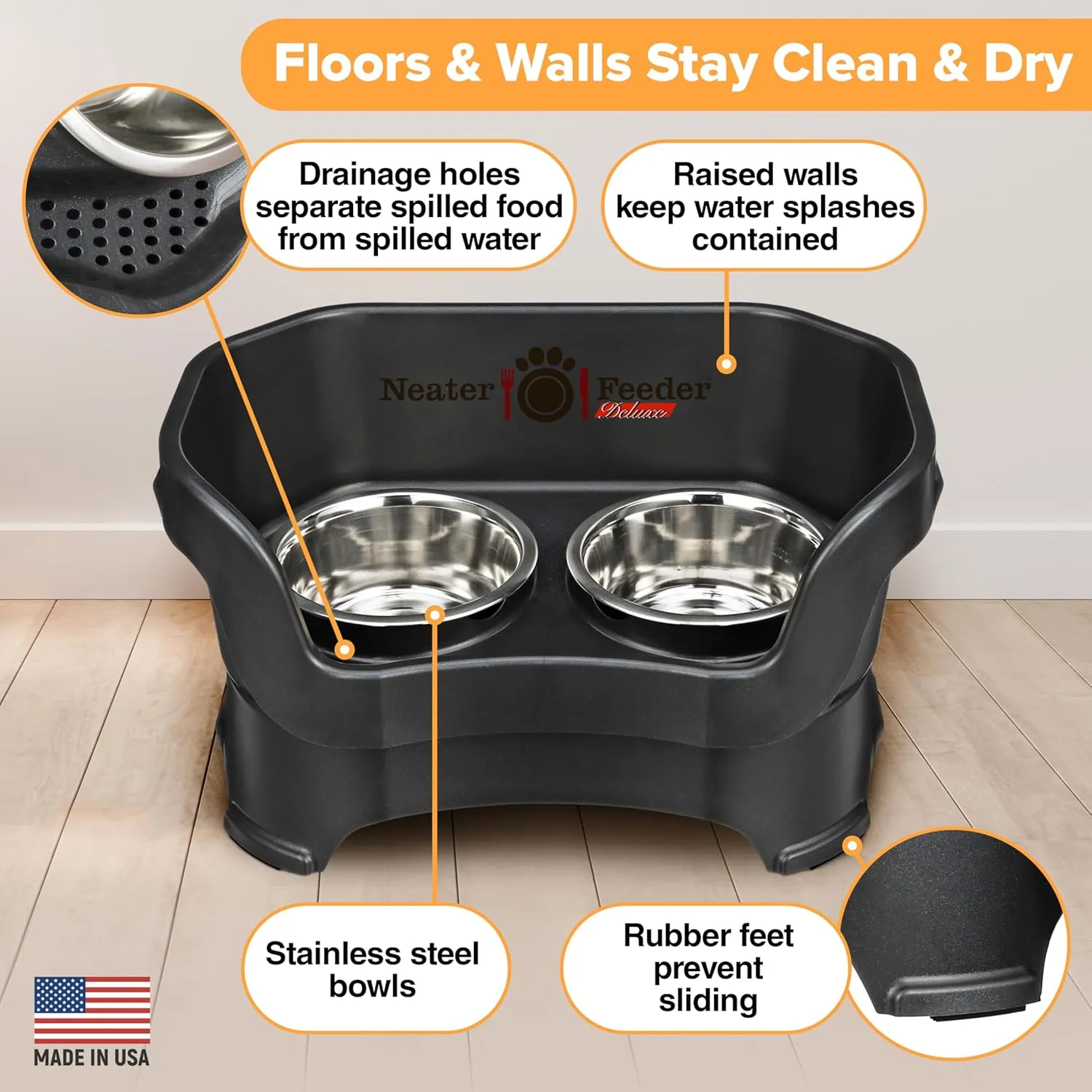 Neater Feeder Deluxe Mess Proof Dog Bowls Elevated Medium Sized Dog Breed  Made in USA  No Spill Raised Dog Food Bowl Stand  Stainless Steel Food and Water Bowl Set, Pet Feeding Station, Black
