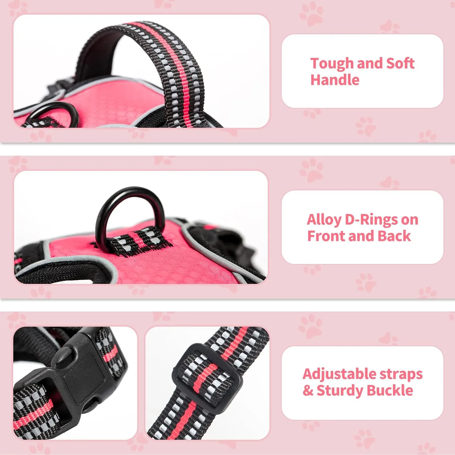 No Pull Dog Harness,Dog Walking Harness with Reflective Adjustable Padded Vest and Control Handle,No-Choke Pet Harness with 2 Metal Rings for Small Medium Large Dogs(M,Solid Pink)