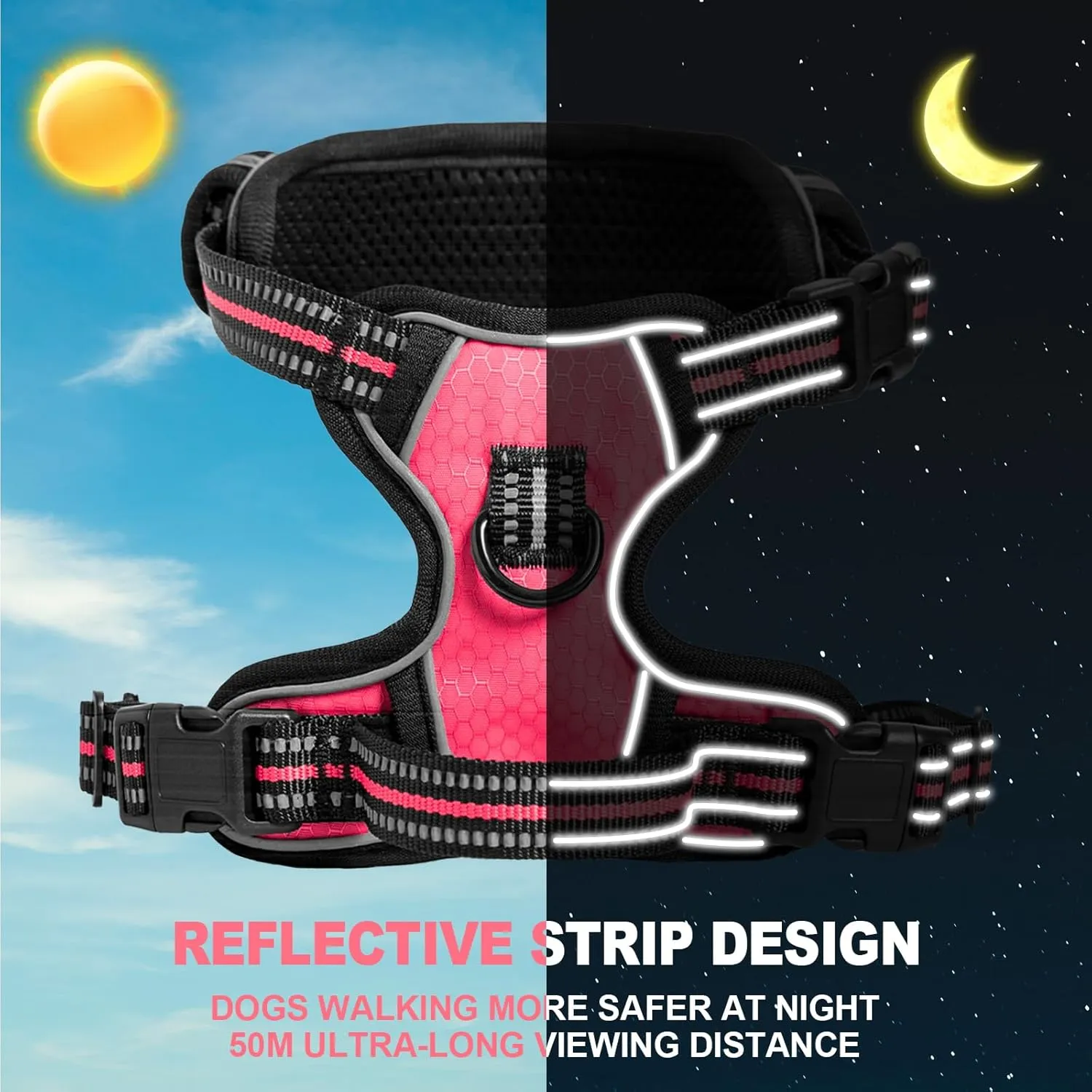 No Pull Dog Harness,Dog Walking Harness with Reflective Adjustable Padded Vest and Control Handle,No-Choke Pet Harness with 2 Metal Rings for Small Medium Large Dogs(M,Solid Pink)