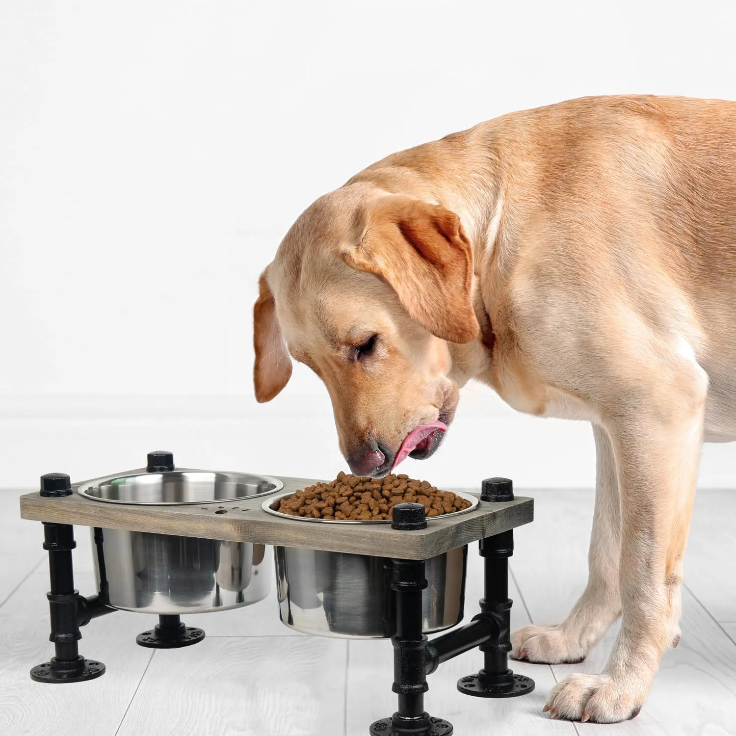 Pet Feeder, Rustic Wood and Industrial Metal Stand for Large Dogs and Cats, Rock Grey