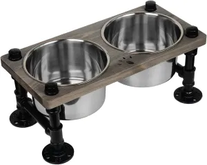 Pet Feeder, Rustic Wood and Industrial Metal Stand for Large Dogs and Cats, Rock Grey