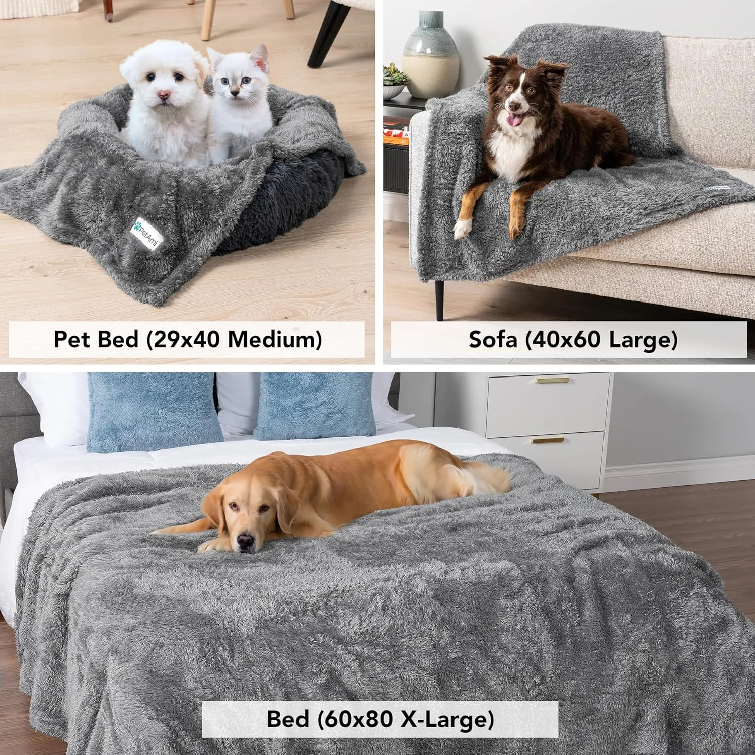 PetAmi Dog Blanket for Large Medium Dogs Grey, Fluffy Soft Puppy Blanket, Sherpa Fleece Cat Blanket for Kitten Doggie, Calming Pet Blanket Throw for Bed Washable Sofa Couch Cover, Large 40x60