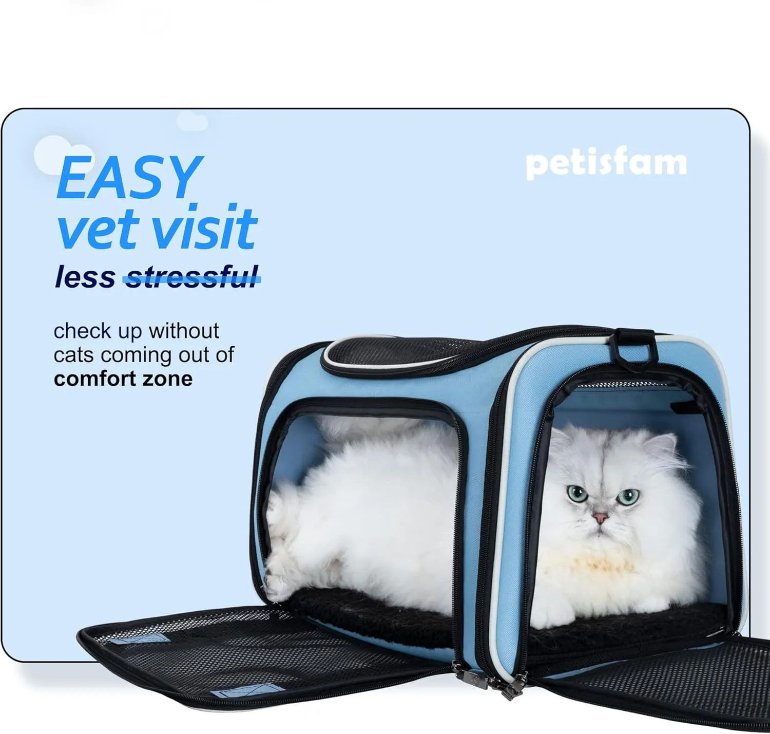 petisfam Pet Carrier Bag for Medium Cats and Puppy. TSA Airlined Approced. Easy Vet Visit, Airline Approved, Top Loading, Easy Storage