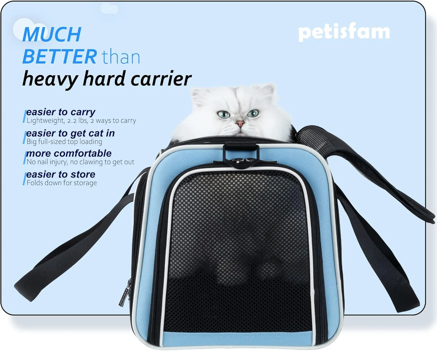 petisfam Pet Carrier Bag for Medium Cats and Puppy. TSA Airlined Approced. Easy Vet Visit, Airline Approved, Top Loading, Easy Storage