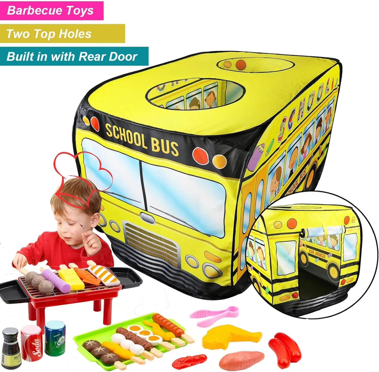Pop Up Tents for Kids 3-5, Indoor Playhouse for Toddler with Golf, Dart, Basketball Hoop, Barbecue Playset, Foldable Tent for Toddlers, Gift for Girls & Boys, Flat-Folding School Bus Tent