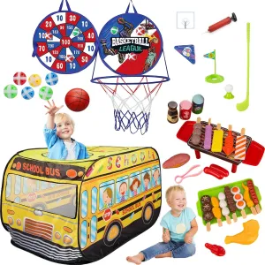 Pop Up Tents for Kids 3-5, Indoor Playhouse for Toddler with Golf, Dart, Basketball Hoop, Barbecue Playset, Foldable Tent for Toddlers, Gift for Girls & Boys, Flat-Folding School Bus Tent